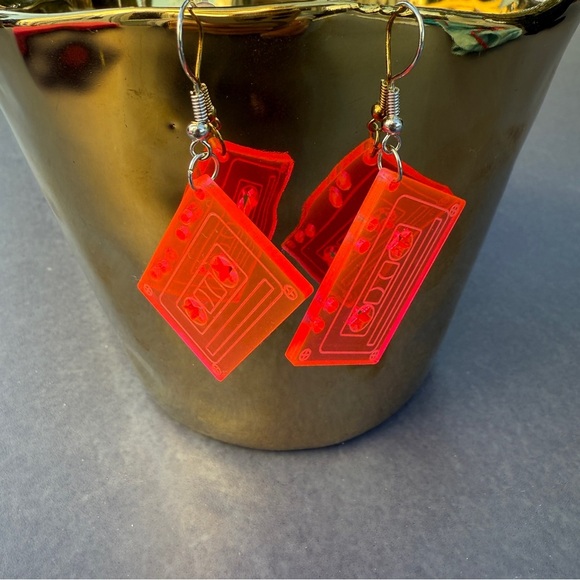 Retro 90s Cassette Tape Earrings - Pink Acrylic - Picture 3 of 8